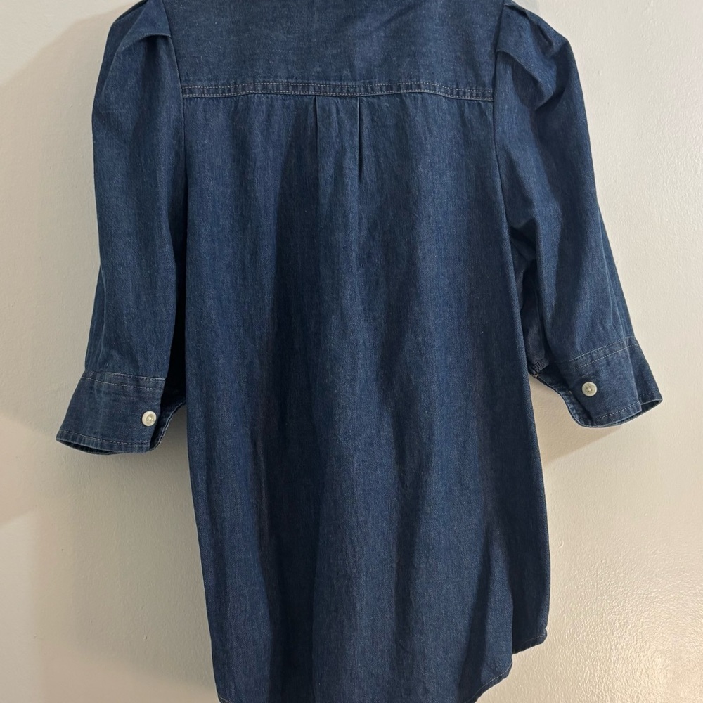 KMJ Signature Ruffle Collar Denim Botton-Down Shirt with 3/4 Sleeves, Size Small - Picture 4 of 12